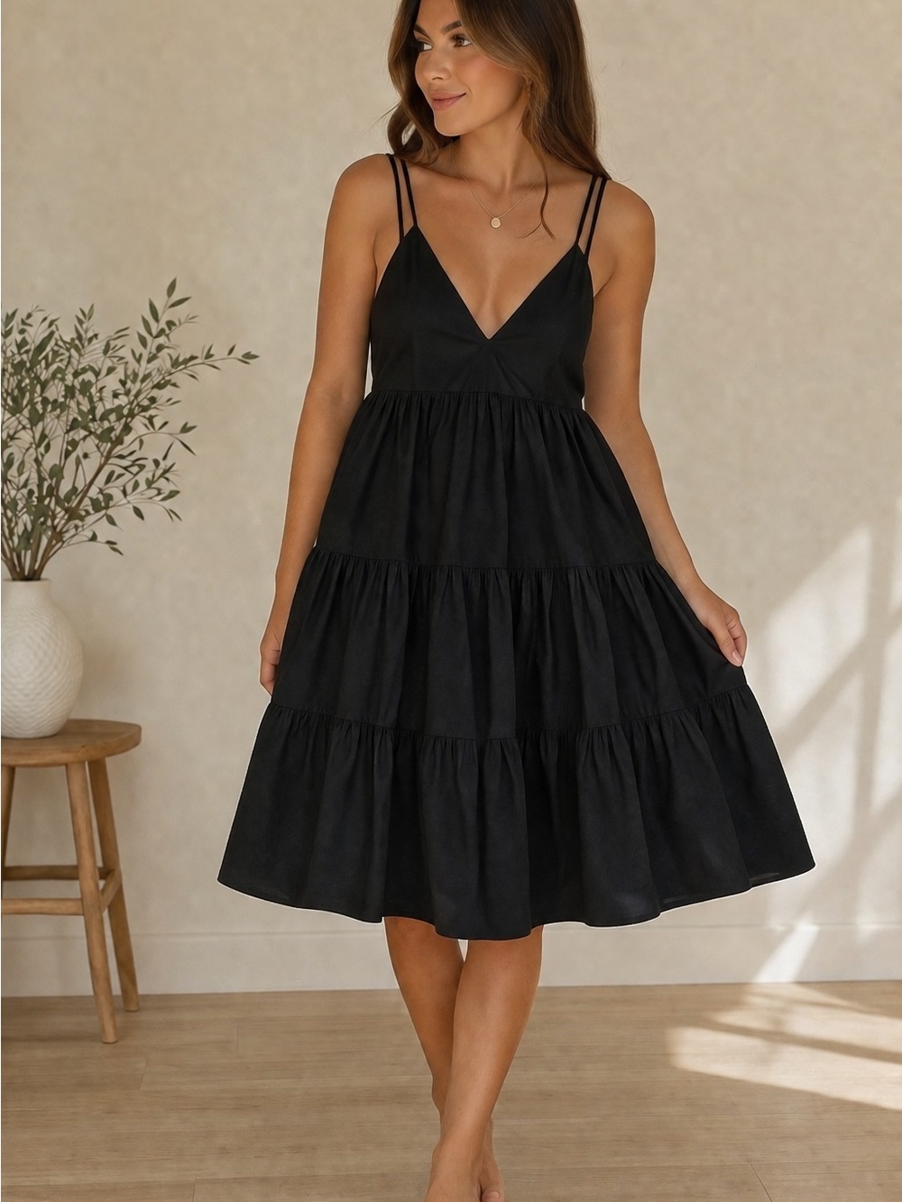 H&M Black Tiered Spaghetti Strap Poplin Dress